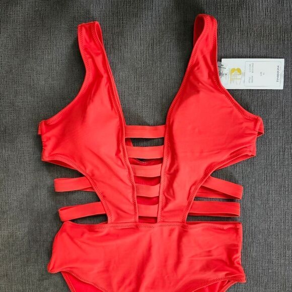 Tinibikini orange red strappy cut out one piece women's extra small XS swimsuit - Picture 5 of 11